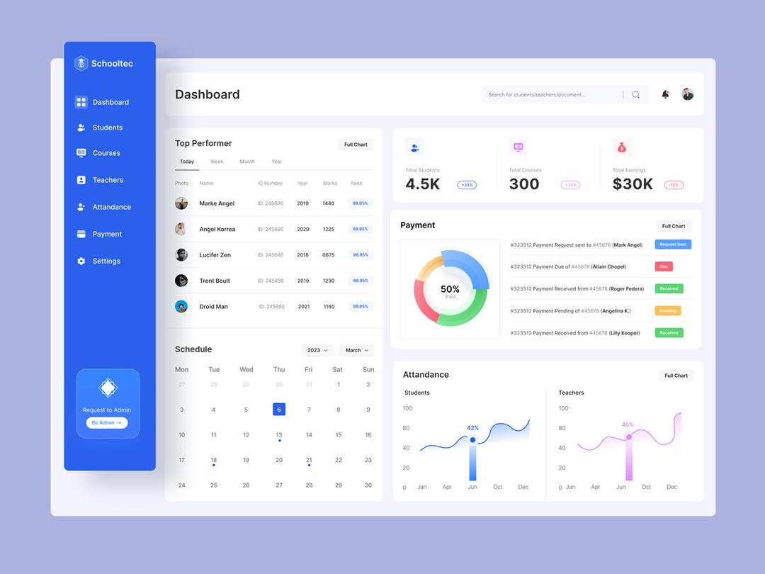 Learnic dashboard showing student records, attendance, and billing